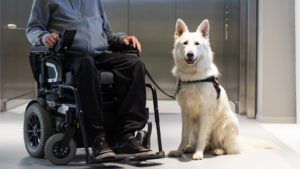 A person in a motorized wheelchair accompanied by a white, alert service dog sitting to the person's right side.