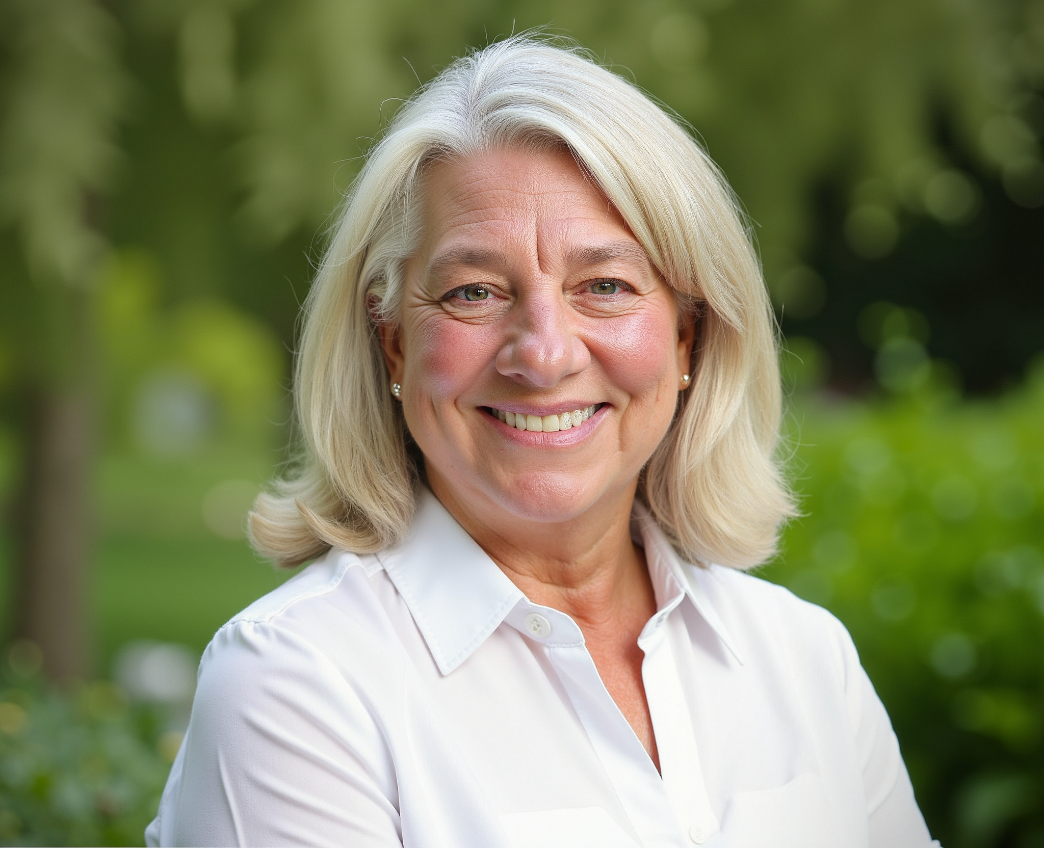Smiling woman with shoulder-length blonde hair wearing a white button-up shirt, standing outdoors with green trees and foliage in the background.