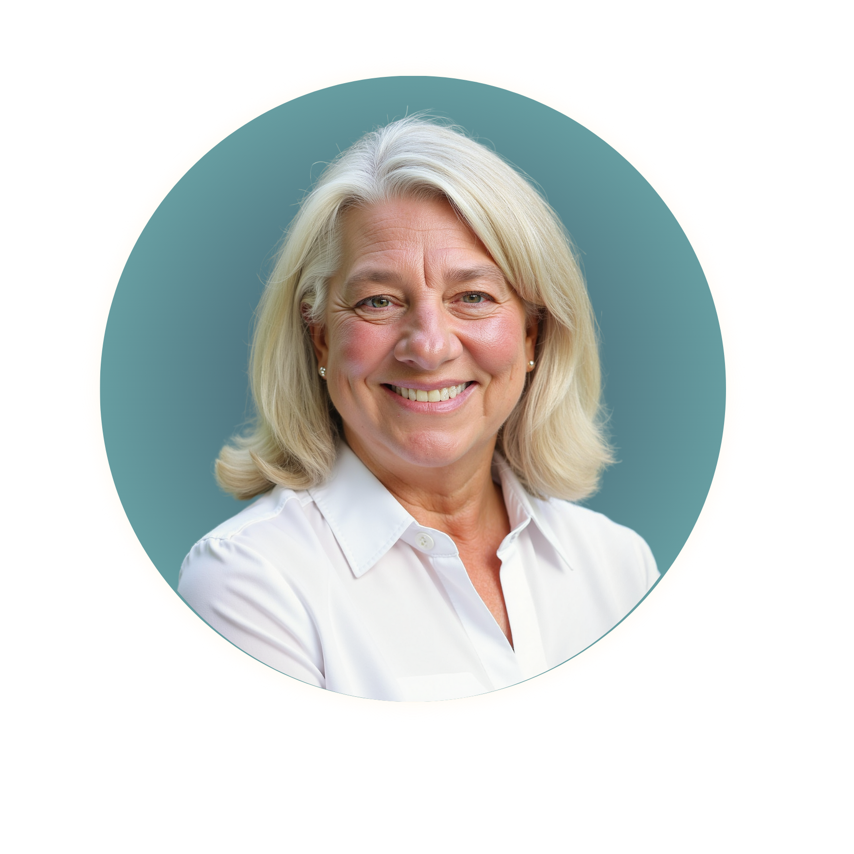 Professional headshot of a smiling woman with shoulder-length blonde hair, wearing a white button-up shirt, posed in front of a teal background and framed in a circular border.