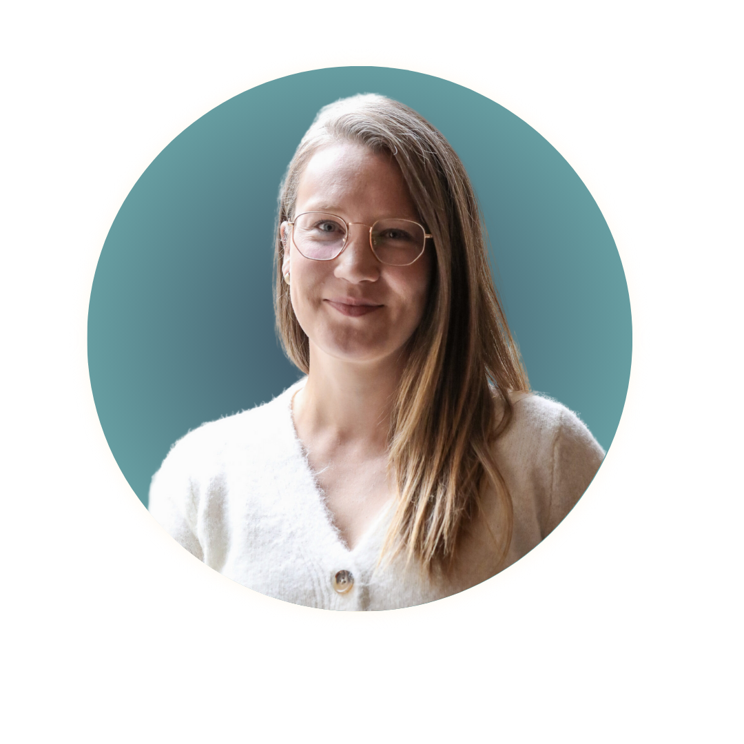 Professional headshot of a woman with straight, light brown hair and glasses, wearing a white fuzzy cardigan, smiling gently in front of a teal background with a circular frame.