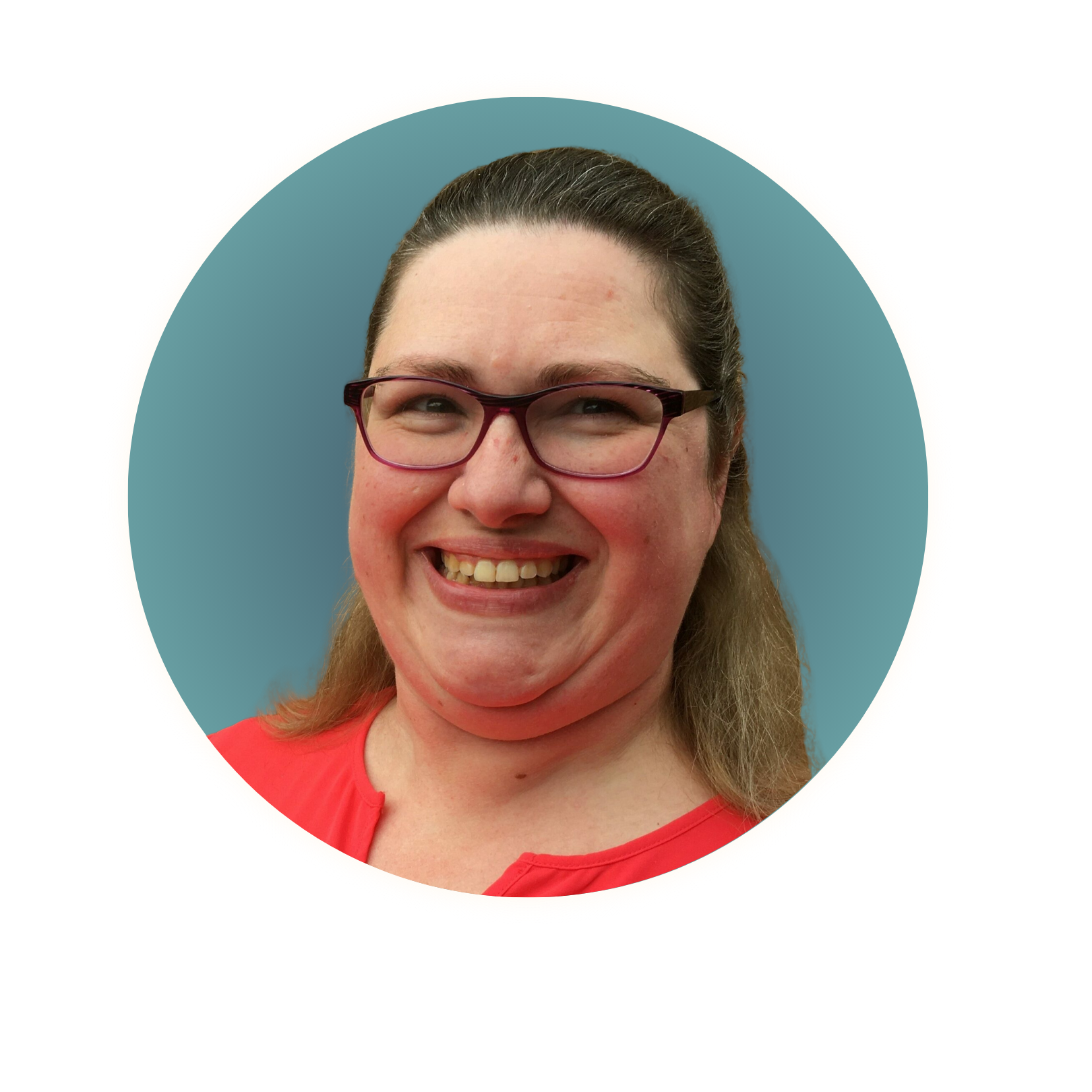 Professional headshot of a smiling woman with long brown hair pulled back, wearing red-framed glasses and a red top, set against a teal background with a circular frame.