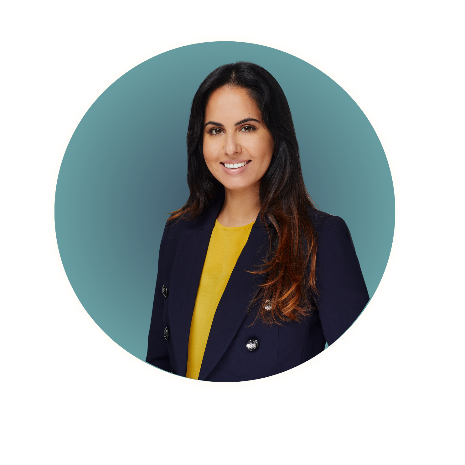 Professional woman with long dark hair wearing a navy blazer and mustard yellow top, smiling in front of a teal circular background